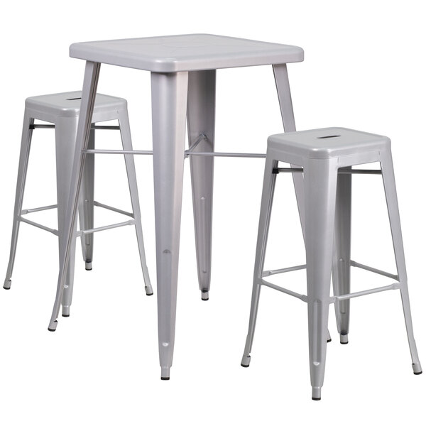 24'' SQUARE SILVER METAL INDOOR-OUTDOOR BAR HEIGHT TABLE