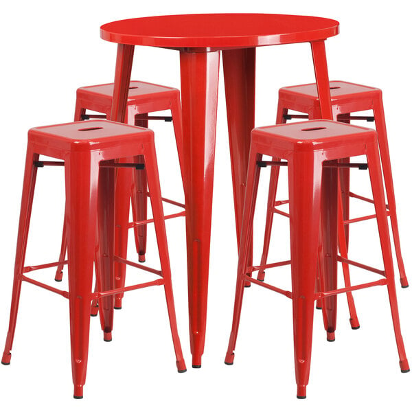 A red metal Flash Furniture bar table with 4 red square seat backless stools.