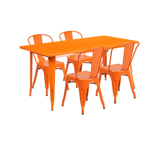 An orange rectangular metal dining table and four orange metal chairs.