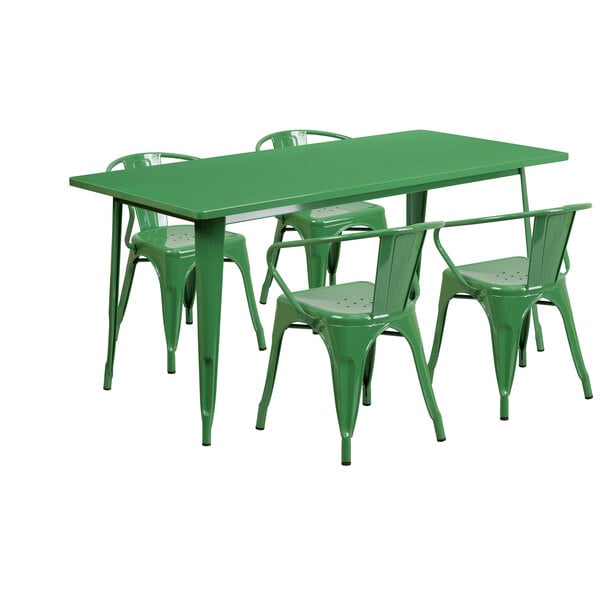 A green rectangular metal table with a green metal table and four green metal chairs with arms.