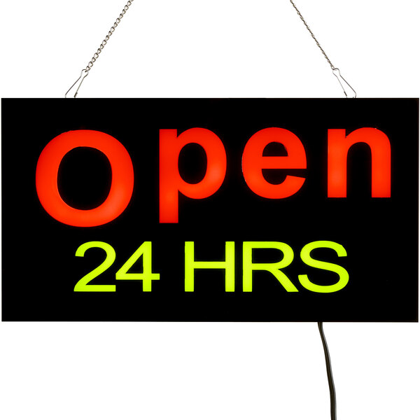 A white LED rectangular sign that says "Open 24 Hours" with black lettering.