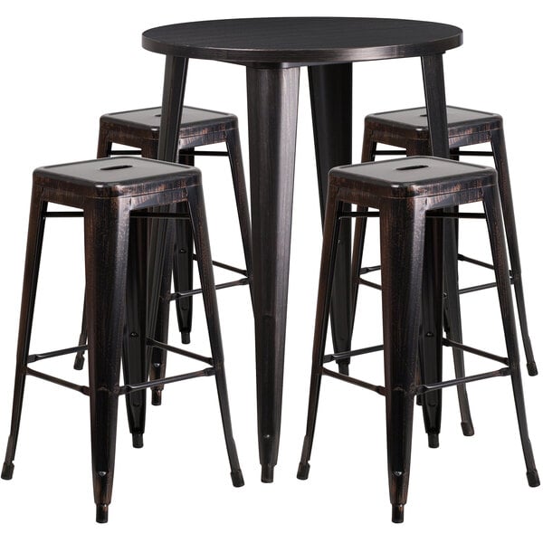 A Flash Furniture black metal bar height table with four square seat backless stools.