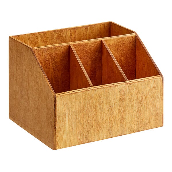 An American Metalcraft natural poplar wood coffee caddy with three compartments.
