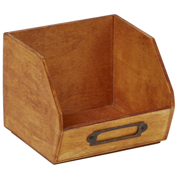 An American Metalcraft natural poplar wood sugar caddy with a metal handle.