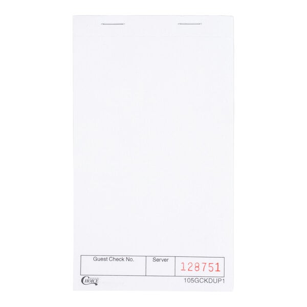 A white blank guest check pad with a carbon sheet and numbered section at the bottom.