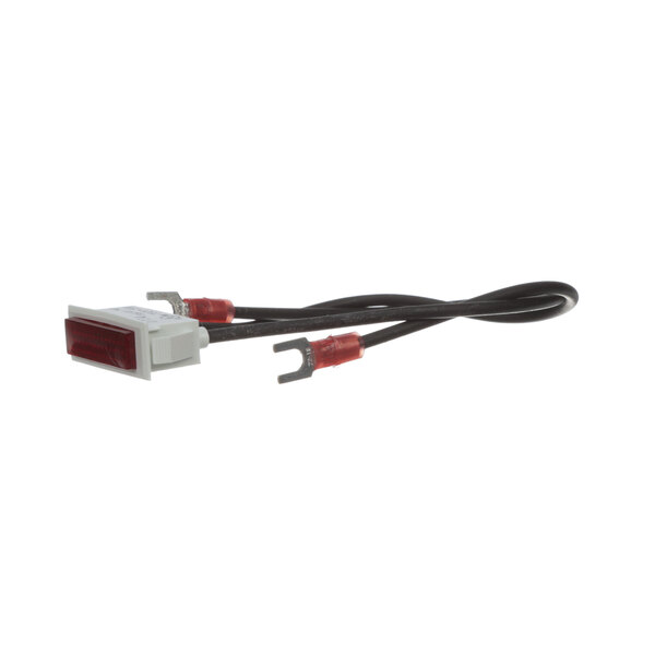 A close-up of a red and white cable with a red plug.