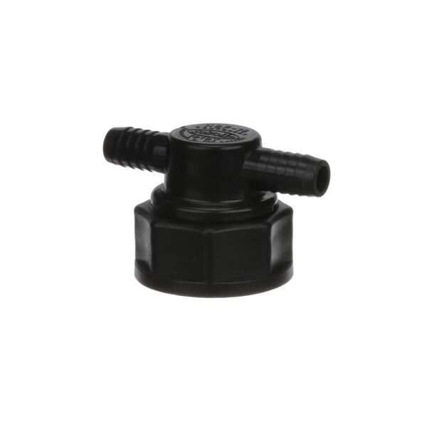 A black plastic Lancer T-connector with two holes.