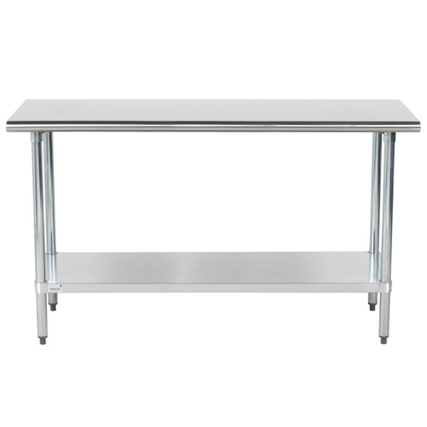 An Advance Tabco stainless steel work table with a galvanized undershelf.