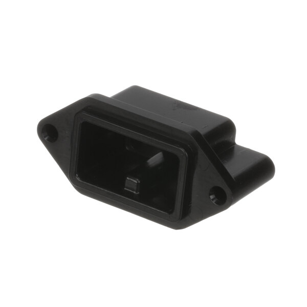 A black plastic Server Products power inlet connector with holes.