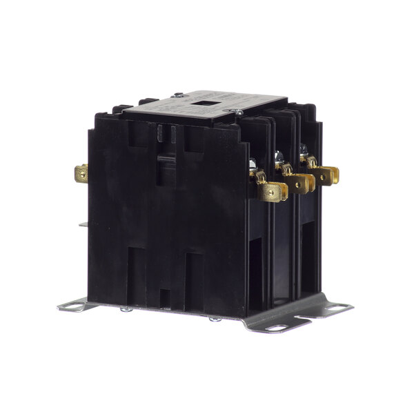 A black electrical contactor with gold metal parts.