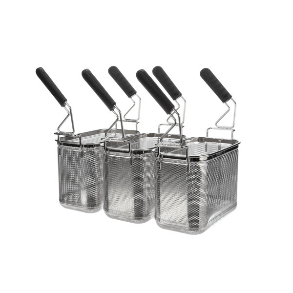 Three stainless steel Electrolux 927210 baskets with black handles.
