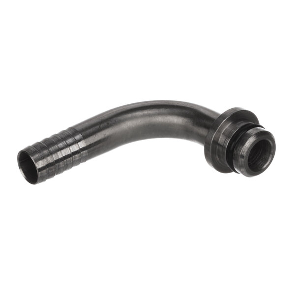 A black metal elbow fitting with an end nozzle.