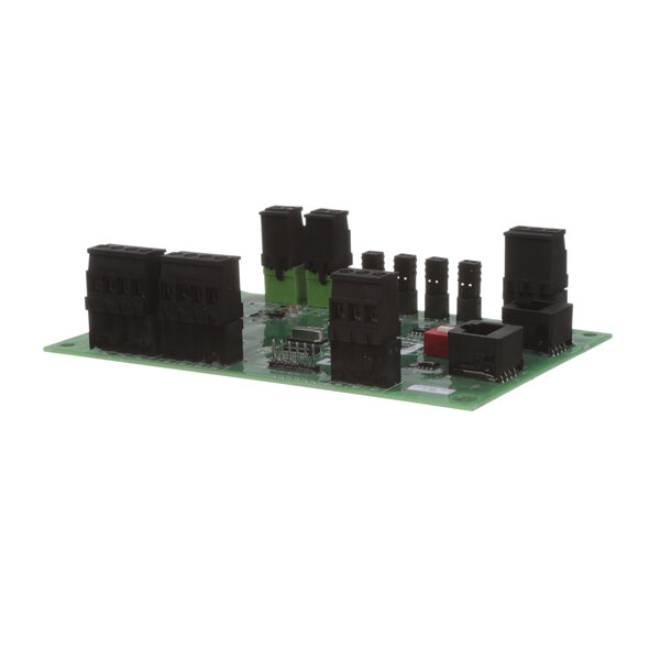 A black rectangular circuit board with many components.