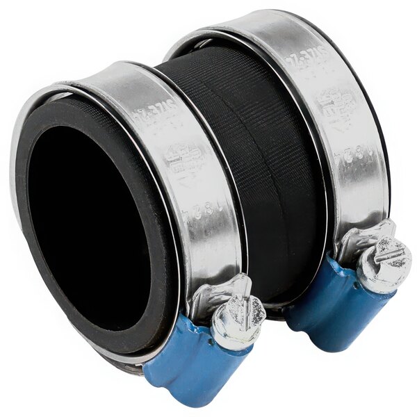 A close up of a pair of metal hose clamps with blue and black accents.