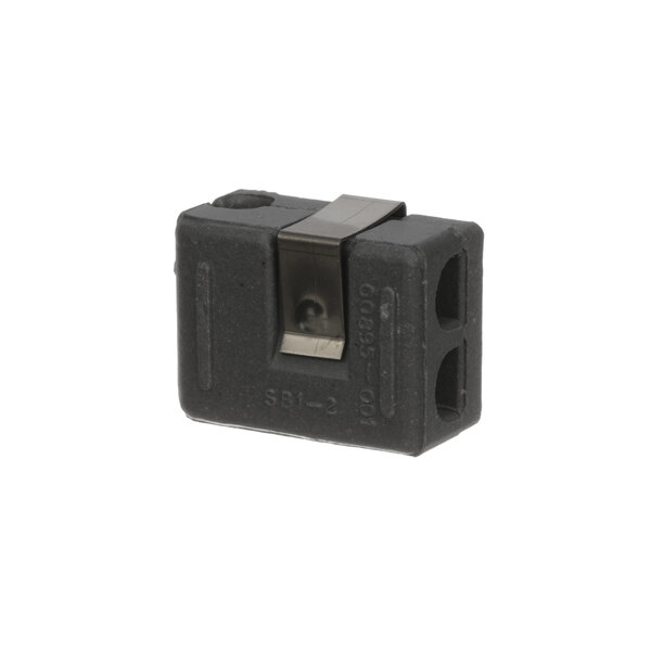 A black plastic rectangular terminal block with metal clips.