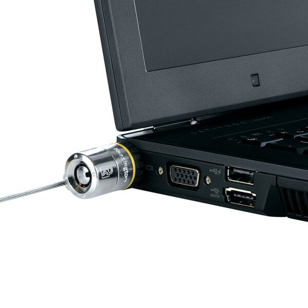 A Kensington laptop lock plugged into a laptop.