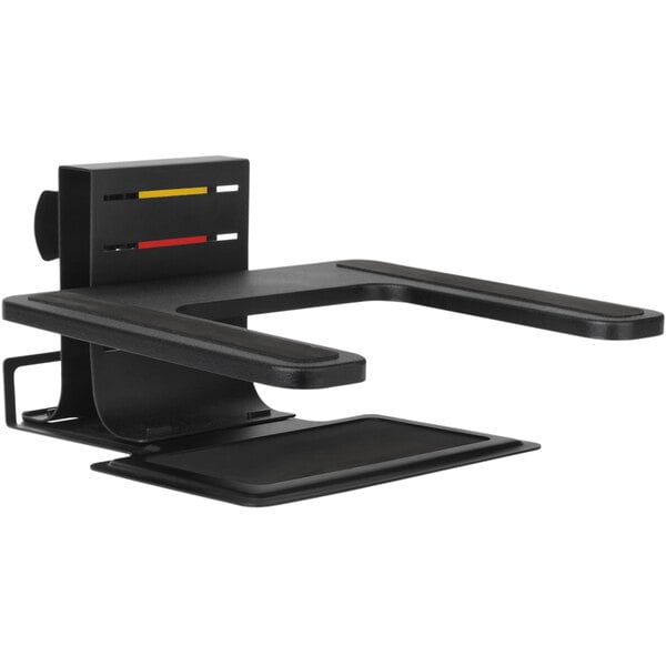 A black rectangular Kensington laptop riser on a table.