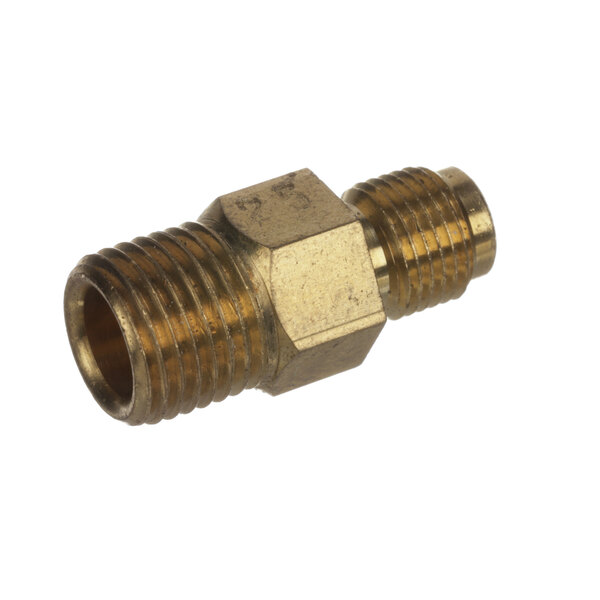 A close-up of a brass threaded fitting.