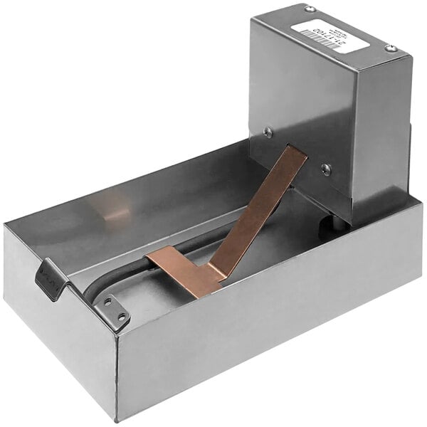 A close-up of a metal box with a copper wire.