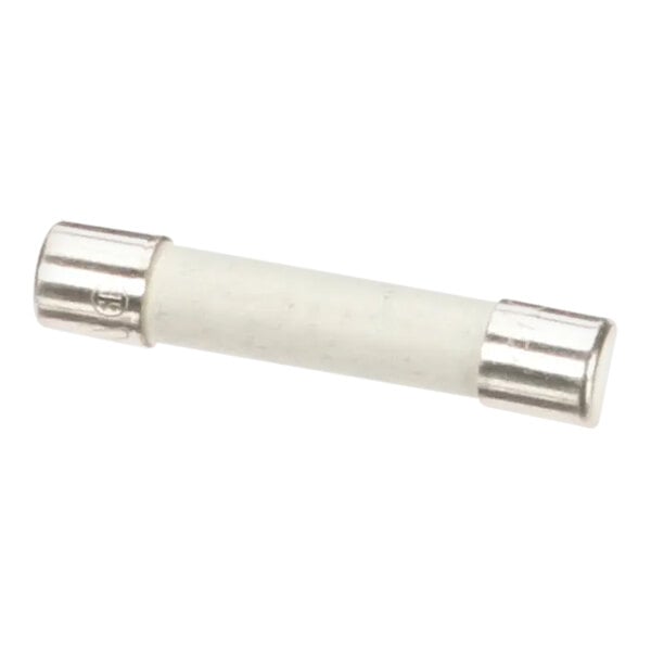A close up of a white Merrychef 12A fuse with silver metal ends.