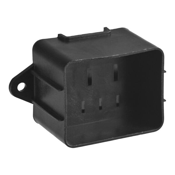 A black, rectangular plastic connector housing with an open front and mounting tab on the side.