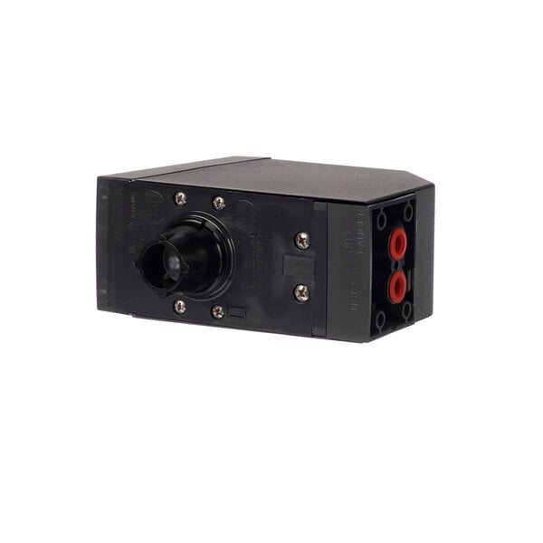 A black box with a round knob and red and black buttons.