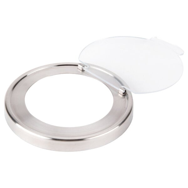 A stainless steel circular lid for Cal-Mil Mixology Jars with a clear lid.
