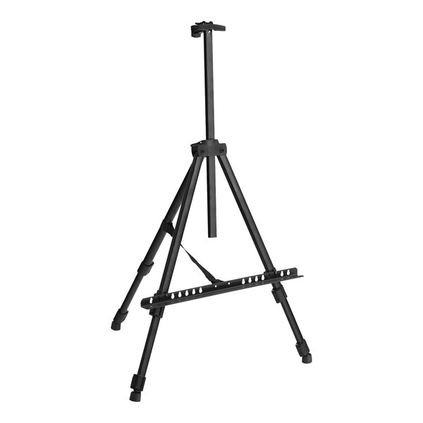 A black aluminum easel stand with adjustable legs and a support bar for holding boards or canvases.