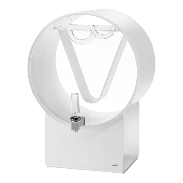 A white acrylic barrel beverage dispenser with an infusion chamber and a spigot at the front.