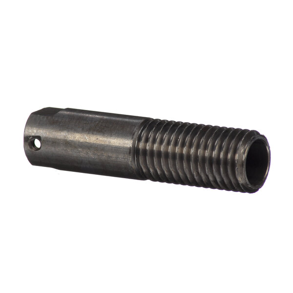 A black threaded rod with a small hole.