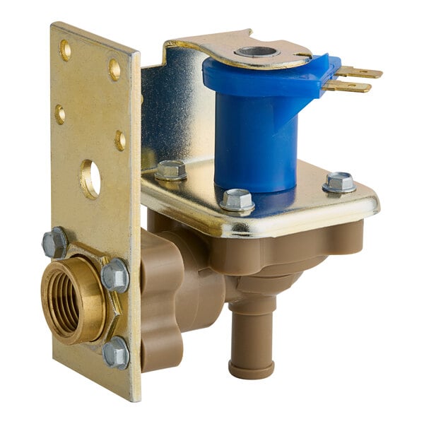 A brass Manitowoc Ice water inlet valve with a blue handle and brass fittings.
