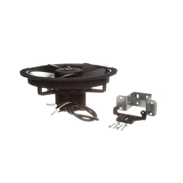 A black Imbera fan motor with wires and screws.