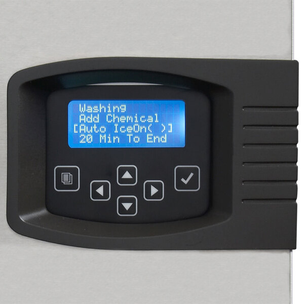 A black rectangular device with a blue display.