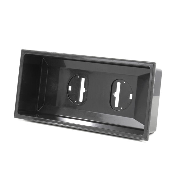 A black rectangular Vollrath plastic pan with two holes.