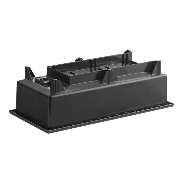 A black rectangular plastic container with raised edges and internal compartments, viewed from an angle.