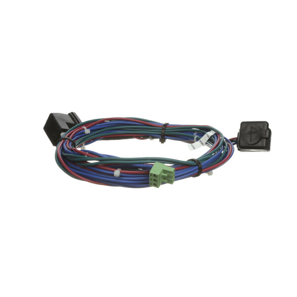 A black Hussmann wiring harness with two plugs and green and blue wires.