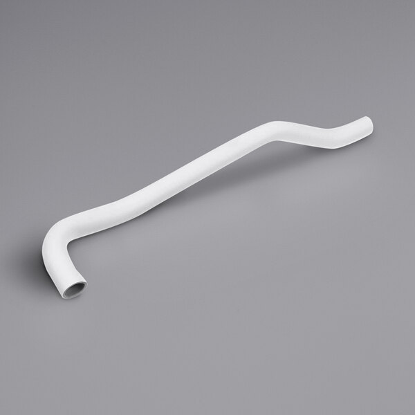 A white plastic drain hose for a Rational combi oven on a gray background.