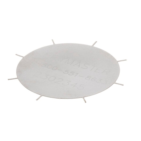 A white circular Frymaster extractor plate with holes and writing on it.