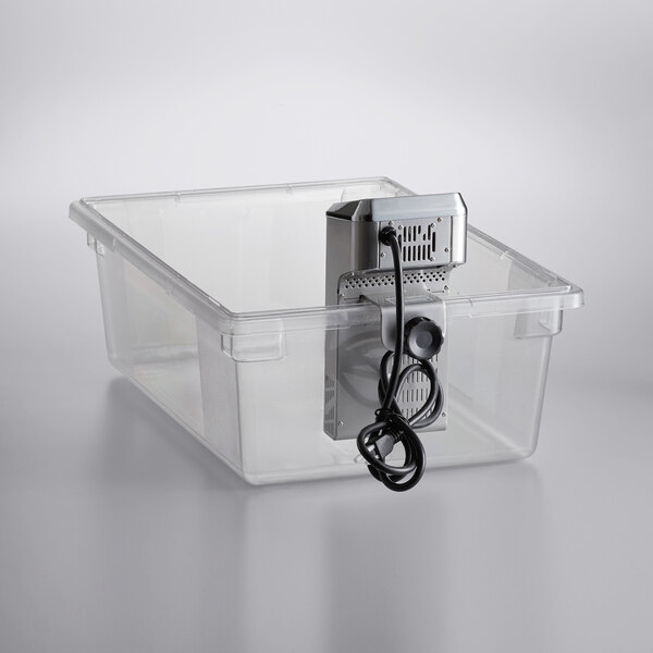 A plastic container with a VacPak-It sous vide immersion circulator head inside.