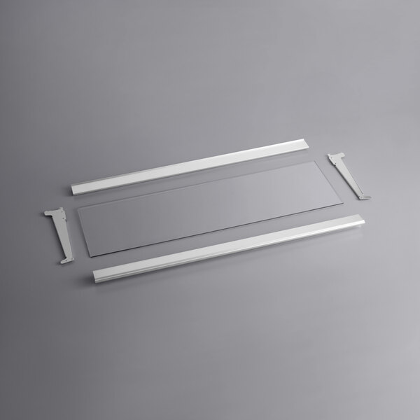A white rectangular shelf with metal corners.