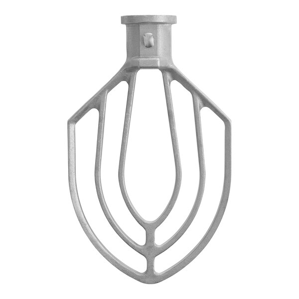 A metal Hobart mixer attachment with a handle.