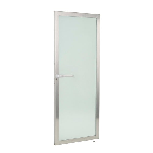 A Traulsen glass door with a silver handle.