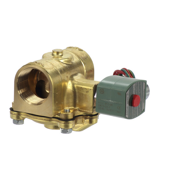 A brass solenoid valve with a red button.