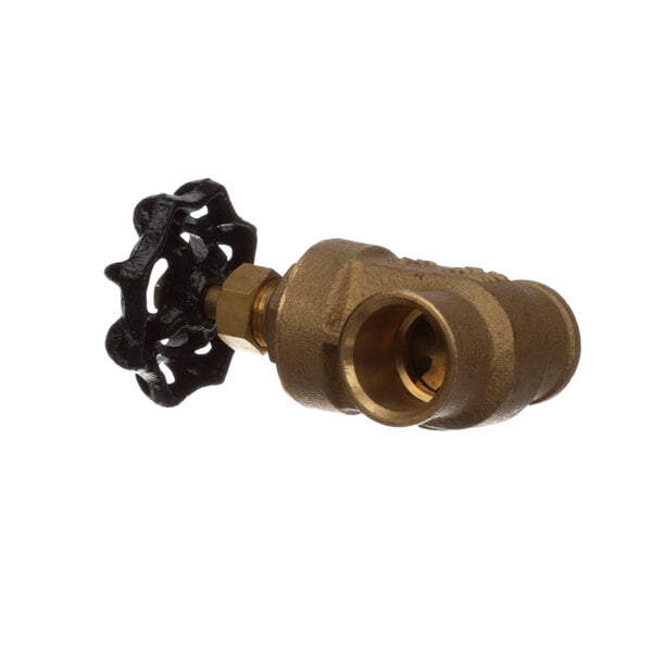 A brass Imperial water valve with a black handle.