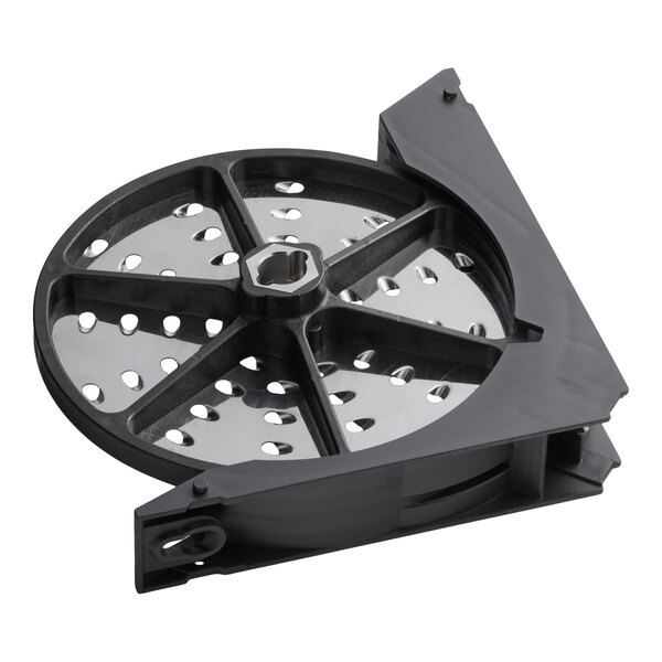 A round, black and silver grating blade with multiple holes and a plastic frame, designed for use in a kitchen appliance.