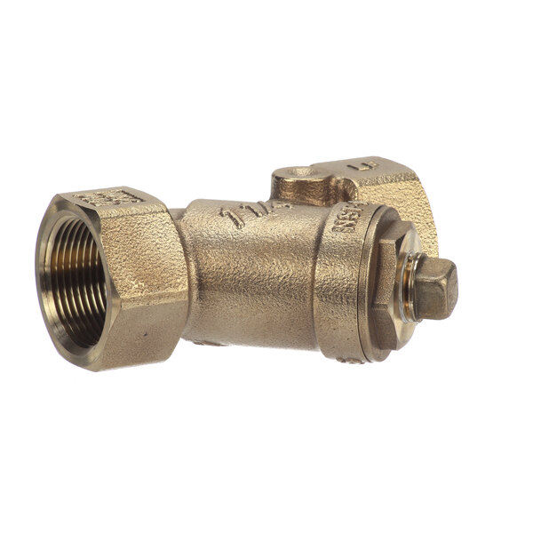 A close-up of a brass pipe threaded with a Gaylord line strainer.