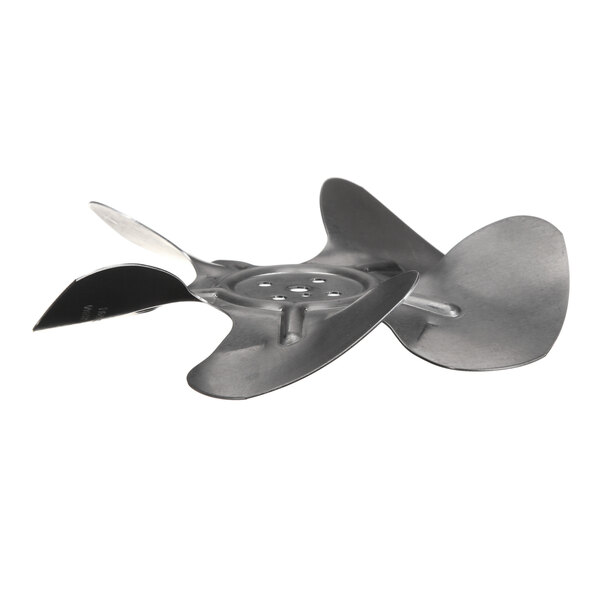 A close-up of a metal propeller blade.