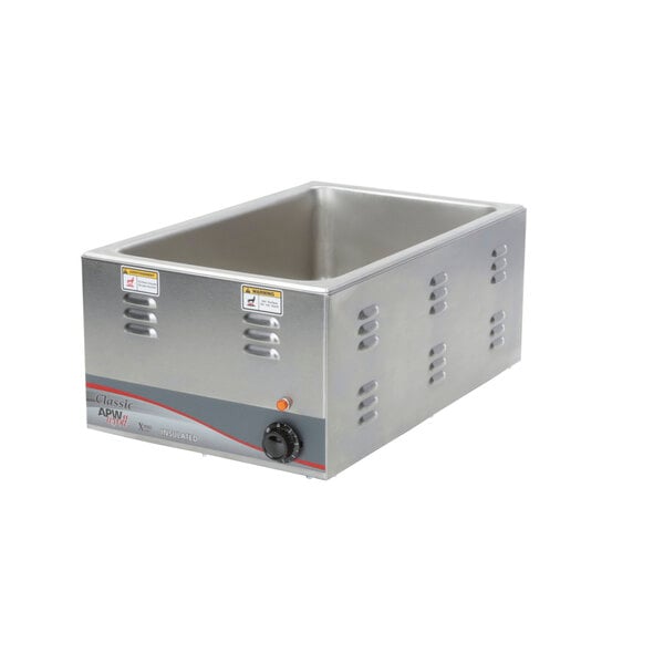 An APW Wyott stainless steel countertop warmer with a black knob lid.