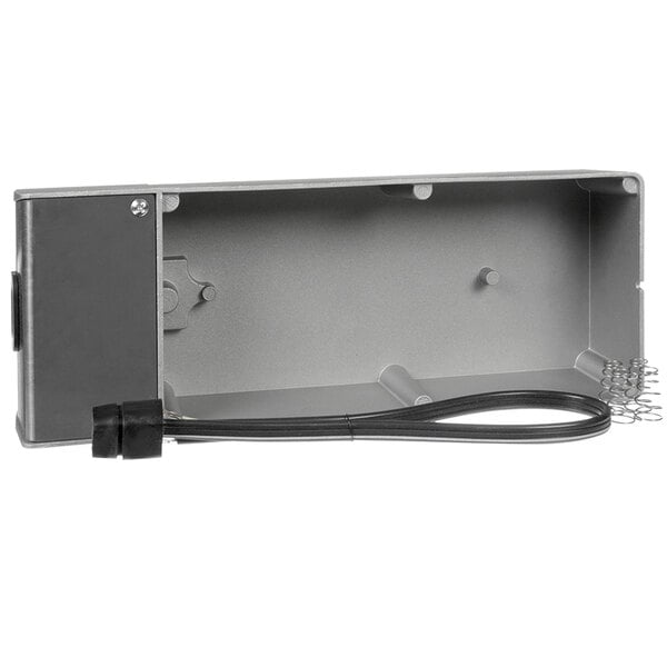 A grey rectangular Component Hardware condensate evap box with black wires.