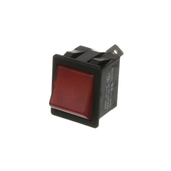 A close-up of a red Wilbur Curtis rocker switch.